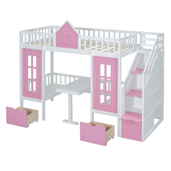 English Elm Twin-over-twin Bunk Bed Convertible Lower Desk Solid Pine Kids Bedroom Space Saver LT000681AAH-1