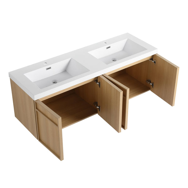 English Elm 60" 60" Wall-Mounted Bathroom Vanity with Double Resin Sink, 4 Soft-Closing Doors, Oak Finish W1972P315223