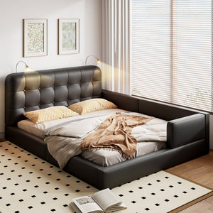 English Elm Queen PU Leather Upholstered Platform Bed with Built-In Dual Reading Lights and Sturdy 600lb Capacity Black SF000186AAB