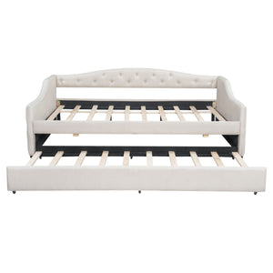 English Elm Upholstered Full XL Daybed with LED Belt and Trundle, Linen Backrest, Modern Silhouette, 450lb Capacity Beige DL002059AAA