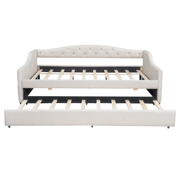 English Elm Upholstered Full XL Daybed with LED Belt and Trundle, Linen Backrest, Modern Silhouette, 450lb Capacity Beige DL002059AAA