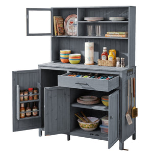 English Elm (with Hutch) Topamx Solid Fir Potting Bench Patio Workstation Spice Rack Drawer Gray N717P404330E