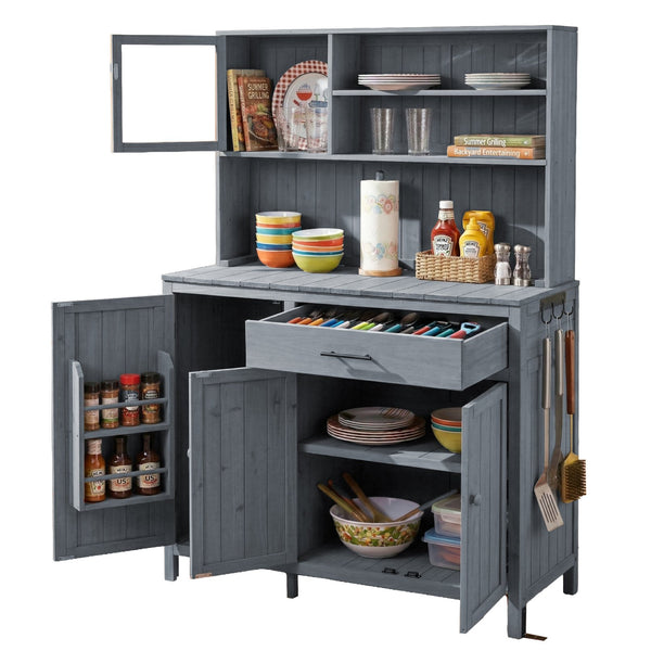 English Elm (with Hutch) Topamx Solid Fir Potting Bench Patio Workstation Spice Rack Drawer Gray N717P404330E