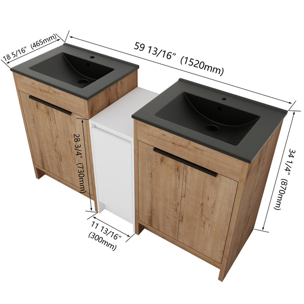 English Elm 60 Inch Freestanding Bathroom Vanity With Black Sink, Soft-Close Doors & Ample Storage Space W999S00322