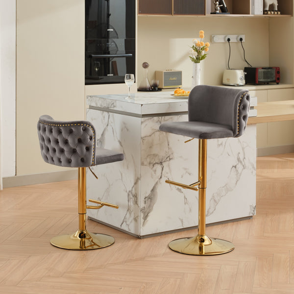 English Elm A&A Velvet Tufted Swivel Barstool with Ergonomic Back and Gold-Plated 17.7" Base, Set of 2 Gray W1143P204046