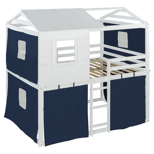 English Elm Full Size Kids Playhouse Bunk Bed Pinewood Frame with Tent Roof and Window Cutouts Blue LT000380AAC-1