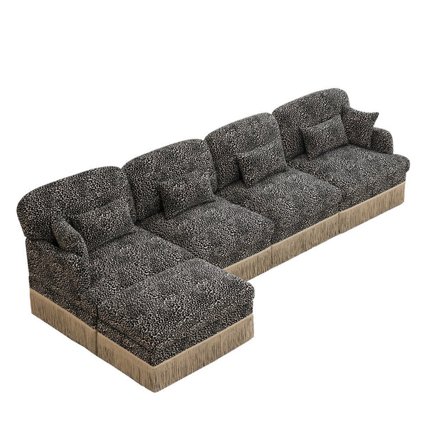 English Elm 131"comfy Chenille Leopard Print Sectional Sofa with Tassel Trim and Movable Ottoman Khaki W5656S00026