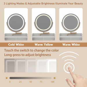 English Elm 3 3 in 1 Vanity Desk with Lighted Mirror, Charging Station, Upholstered Stool, 2 Drawers & Hidden Storage W1321P243134