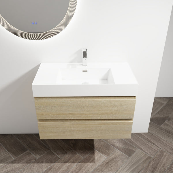 English Elm 36" Wall-Mounted Bathroom Vanity With Resin Sink & Soft-Close Drawers For Modern Spaces W999S00198