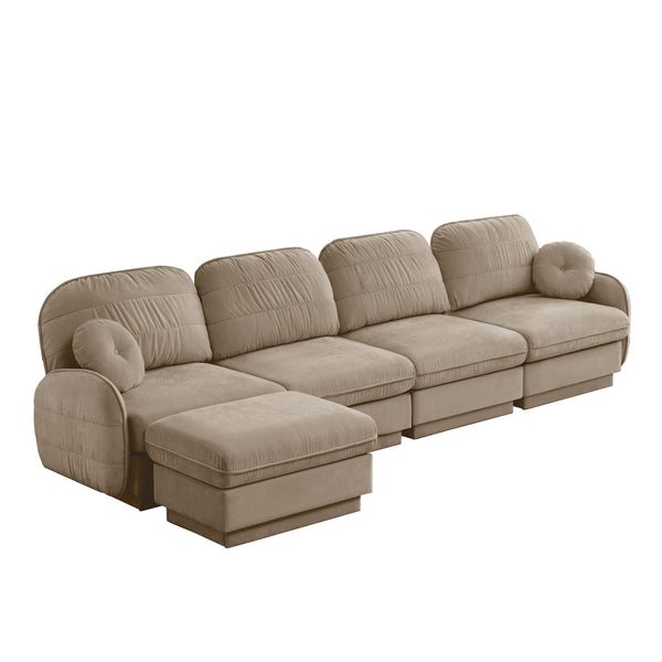 English Elm 137" Oversized Chenille Sectional Sofa with Movable Ottoman and Quilted Cushions Light Coffee W714S01763