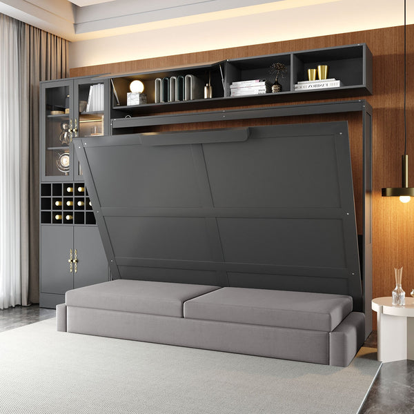 English Elm Queen Murphy Wall Bed Sofa with Open Shelving Usb Charging and Integrated Studio Lighting Gray LP100764AAE