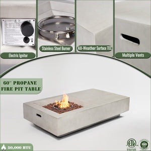 English Elm 60" 60" Propane Fire Pit Table 50000 BTU ETL Certified Stainless Burner Lava Rocks Rain Cover Included W85367025