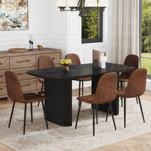 English Elm Table Set: Modern 67" Black Wood Grain Dining Table With 6 Comfortable Techno-Fabric Chairs, Durable Design W1151S04152-GIGA