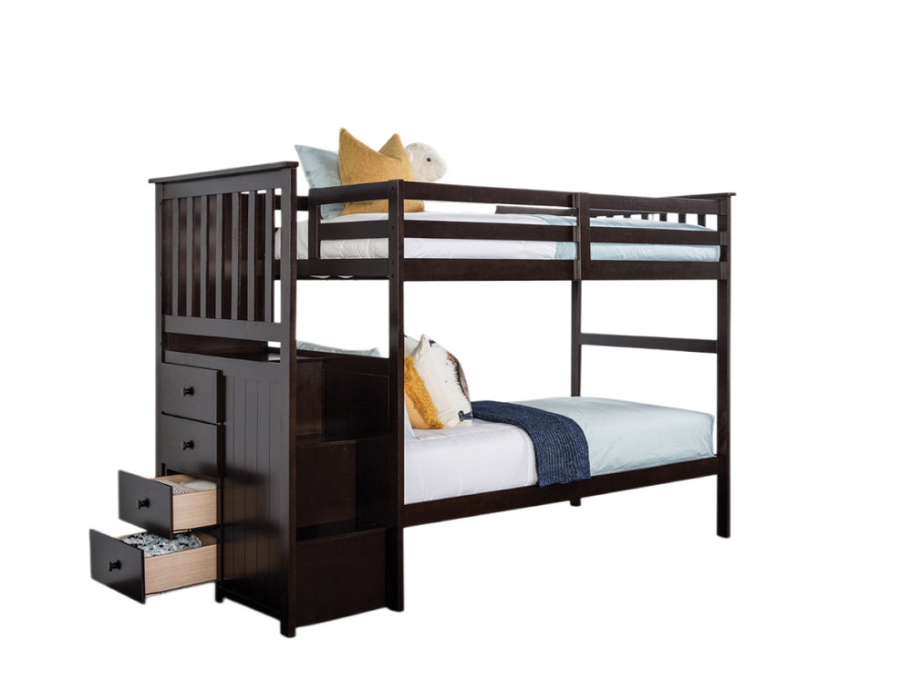 English Elm Twin Over Twin Bunk Bed With Sturdy Storage Staircase, 4 Drawers & Safe Guardrails In Espresso Finish B2741S00302-GIGA
