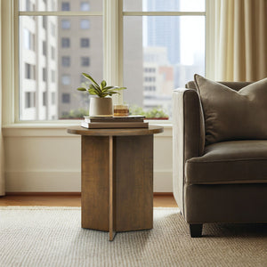 English Elm Accent Table Round Starburst Veneer Top Greige Finish Compact Living Room Bedside Walnut Brown B035P408401