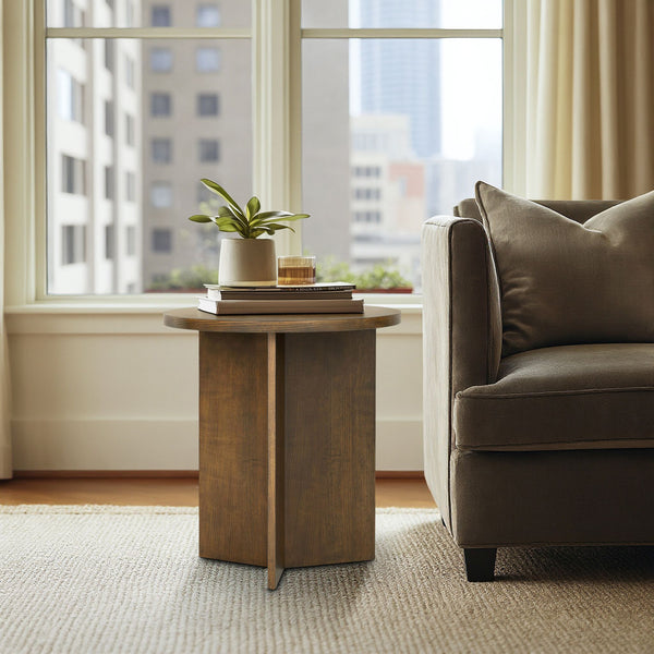English Elm Accent Table Round Starburst Veneer Top Greige Finish Compact Living Room Bedside Walnut Brown B035P408401