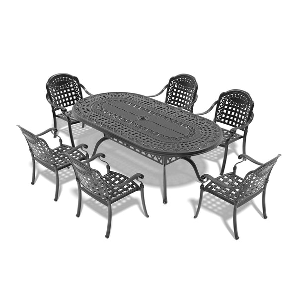 English Elm 7-Piece Durable Cast Aluminum Patio Set With Blue Cushions - Stylish Outdoor Dining & Comfort W1710S00497