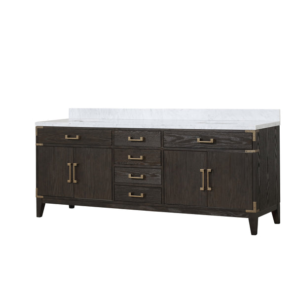 English Elm Brown Oak Double Bath Vanity With Carrara Marble Top - Elegant Storage, Soft-Close, 84" Wide Design B2731P259957