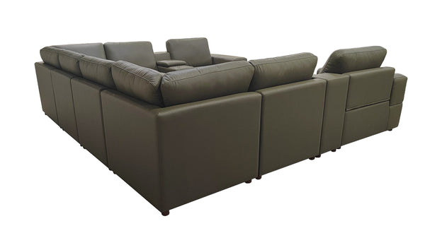English Elm Premium Leather Match L-shaped Sectional with Dual Recliners and Built-in Console Olive Green B2748S00162