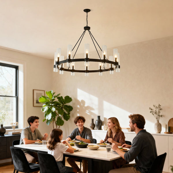 English Elm 43.3''matte Black Wagon Wheel Chandelier 12 Seeded Glass Shades Farmhouse Great Room W5008P392741