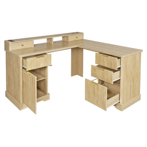 English Elm 59" Fluted Oak L-shaped Corner Desk with Charging Station Monitor Stand and File Storage Light Oak W2917S00005