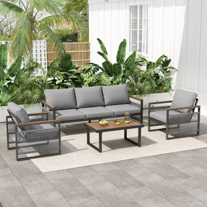 English Elm Christopher Knight Home® - 4-Pieces Outdoor Metal Patio Furniture Set with Deep-Seat Cushions, Teslin Rope, Wood-Look Tabletop, Rust-Resistant Frame Natural+Grey N780P2540723G