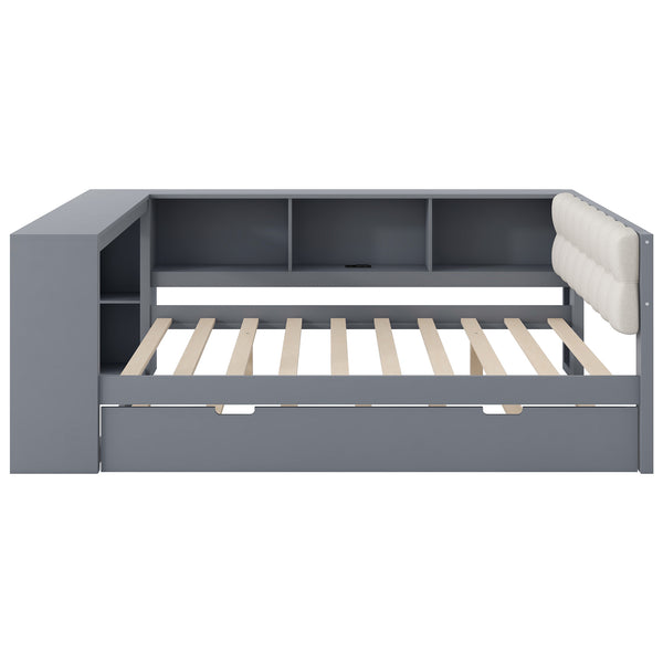 English Elm Wood Twin Platform Bed Linen Headboard Storage Shelves Trundle Charging Station Gray N709P004024E