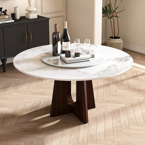 English Elm Modern Round Dining Table - 59" Sintered Stone With Walnut Base & Lazy Susan For 6-8 People W2700S00004
