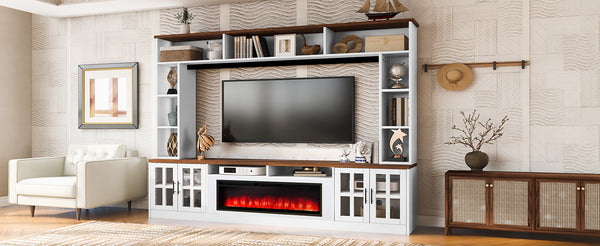 English Elm U-can Modern Farmhouse Wall Unit with Electric Fireplace Bookshelves and Glass Cabinet Doors White+Walnut SJ000153AAK