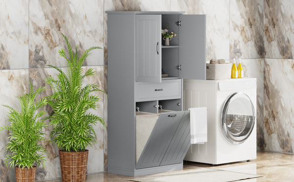 English Elm Christopher Knight Home® - Bathroom Storage Cabinet with Doors Drawer & Dual Laundry Baskets, MDF Build, Adjustable Shelf, Anti-Tip Device Grey N759P243350E