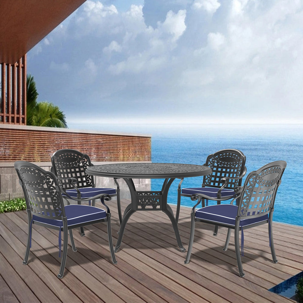 English Elm 5-Piece Cast Aluminum Patio Furniture Set With Cozy Blue Cushions - Weather-Resistant & Stylish! W1710S00093