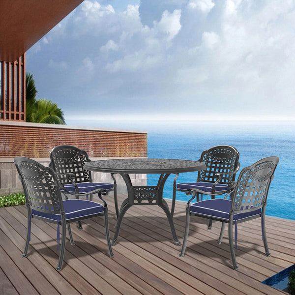 English Elm 5-Piece Cast Aluminum Patio Furniture Set With Cozy Blue Cushions - Weather-Resistant & Stylish! W1710S00093