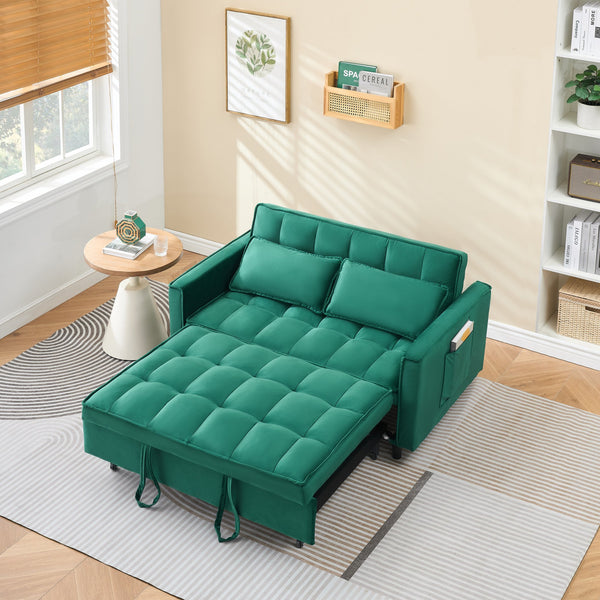 English Elm 55-inch Green velvet sofa bed with storage pockets, 2-seat convertible sleeper, solid wood frame, 500lb capacity W1658P239827