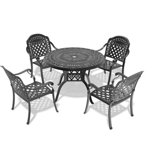 English Elm 5-piece Cast Aluminum Outdoor Dining Set with Carved Floral Frame and Weather-proof Cushions W1710S00547