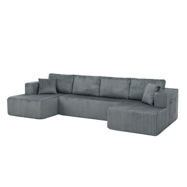 English Elm 132" U-shaped Modular Corduroy Sectional with Deep Foam Cushions for Living Room Dark Grey W5802S00003