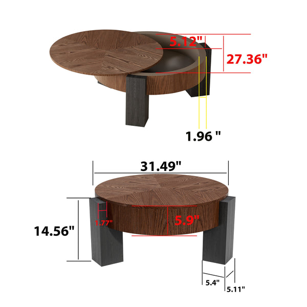 English Elm 33'' Round Coffee Table Parquet Veneer Flip Top Hidden Storage Wabi-sabi Living Room Walnut+Black W1435P419321