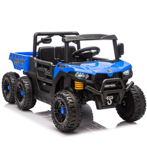 English Elm 24v Electric Kids Dump Truck 4wd Six Wheel Ride on with Remote Suspension Cargo Bucket Blue W1578P380843
