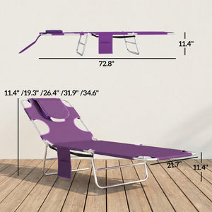 English Elm Handy Tri-fold Outdoor Lounger with Face Cavity Steel Frame Oxford Fabric Tanning Bed Purple T3971P481276