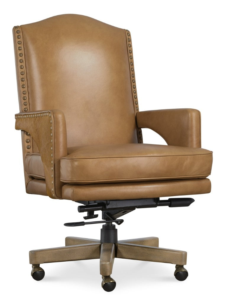 Hooker Furniture Rochelle Executive Swivel Tilt Chair With Two-Tone Aniline Leather, Hair-On-Hide Accent, Nailhead Trim Brown EC845-080