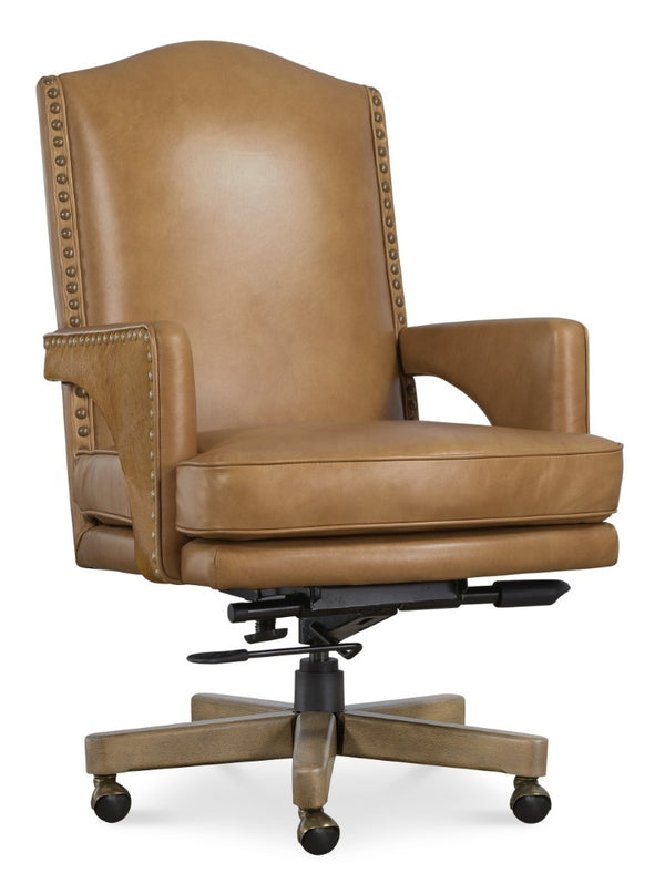 Hooker Furniture Rochelle Executive Swivel Tilt Chair With Two-Tone Aniline Leather, Hair-On-Hide Accent, Nailhead Trim Brown EC845-080