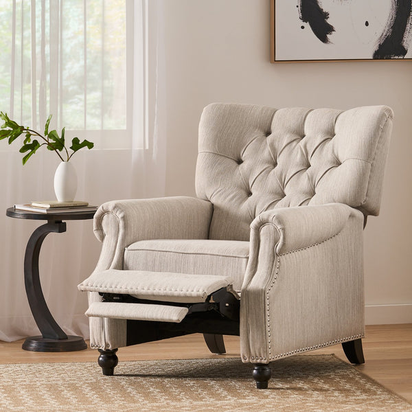 English Elm Christopher Knight Home® - Button Button Tufted Heavy Duty Manual Push-Back Recliner Chair with Nailhead Accents and Comfort Backrest Beige 71976.00