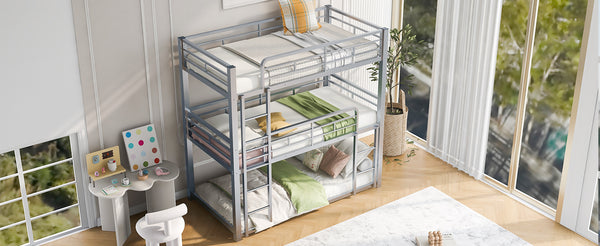 English Elm Metal Triple Bunk Bed Steel Frame Twin Three Tier Guardrails for Shared Rooms Silver GX000230AAN