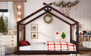 English Elm Twin House Frame Floor Bed Solid Pine Kids Room Montessori Low Profile Play Nook Espresso W1580P387842