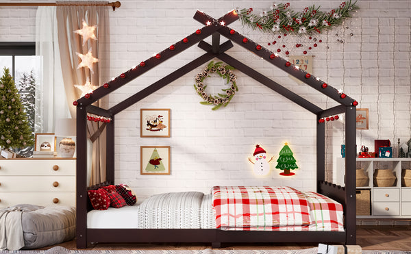 English Elm Twin House Frame Floor Bed Solid Pine Kids Room Montessori Low Profile Play Nook Espresso W1580P387842