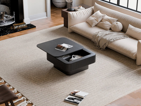 English Elm 31.5'' Square Wood Veneer Flip Top Storage Coffee Table with Slat Detail for Living Rooms Black W1435P375247