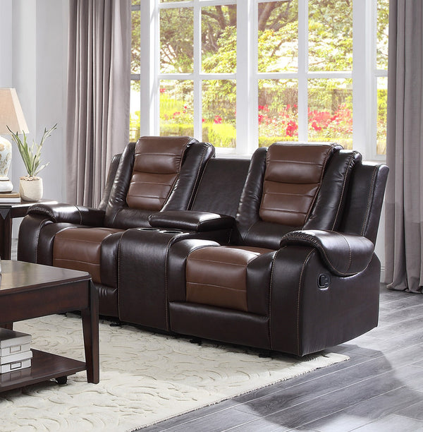 English Elm Modern Faux Leather Glider Reclining Loveseat with Console Two-tone Brown Seating B011P228565