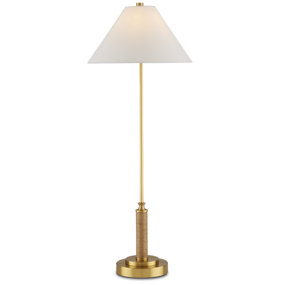 Ippolito Antique Brass Console Lamp with Jute Rope Accent - Elegant Off-White Linen Shade Design