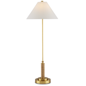 Ippolito Antique Brass Console Lamp with Jute Rope Accent - Elegant Off-White Linen Shade Design