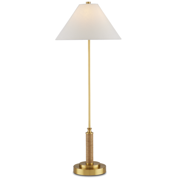 Ippolito Antique Brass Console Lamp with Jute Rope Accent - Elegant Off-White Linen Shade Design