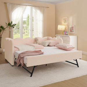 English Elm Cozy Twin Gingham Daybed with Trundle Sofa Bed, Linen Upholstery, USB Port, Wave Frame Design Pink W1413S00099